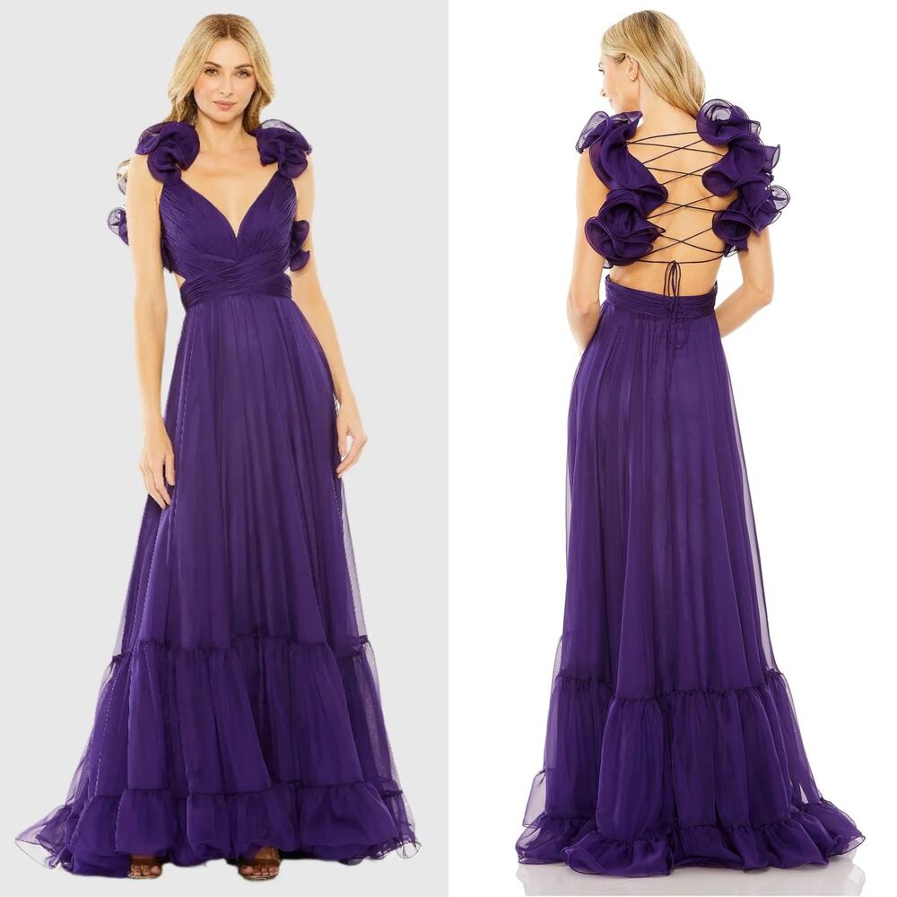 NWT Mac Duggal Sleeveless Ruffle Cut-Out Chiffon Gown in Royal Purple Size 6